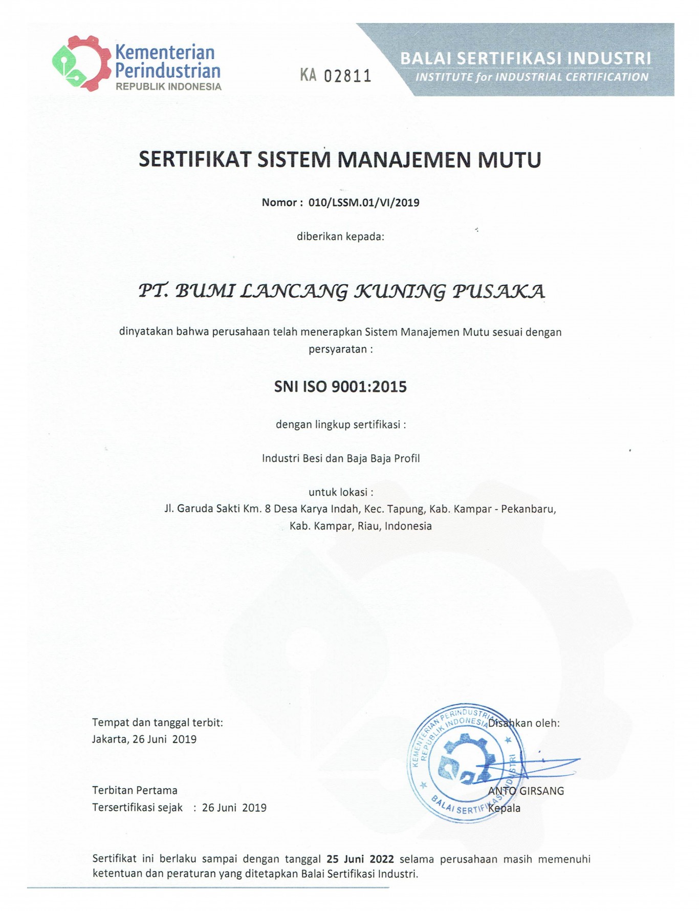 Sertifikat Sistem Manajemen Mutu ISO 9001 : 2015 PT. Bumi Lancang Kuning Pusaka dari BSI.