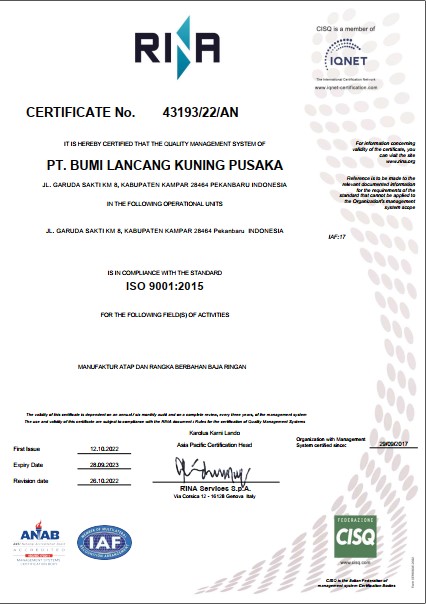 Sertifikat ISO 9001 : 2015 untuk PT. Bumi Lancang Kuning Pusaka yang diterbitkan oleh RINA