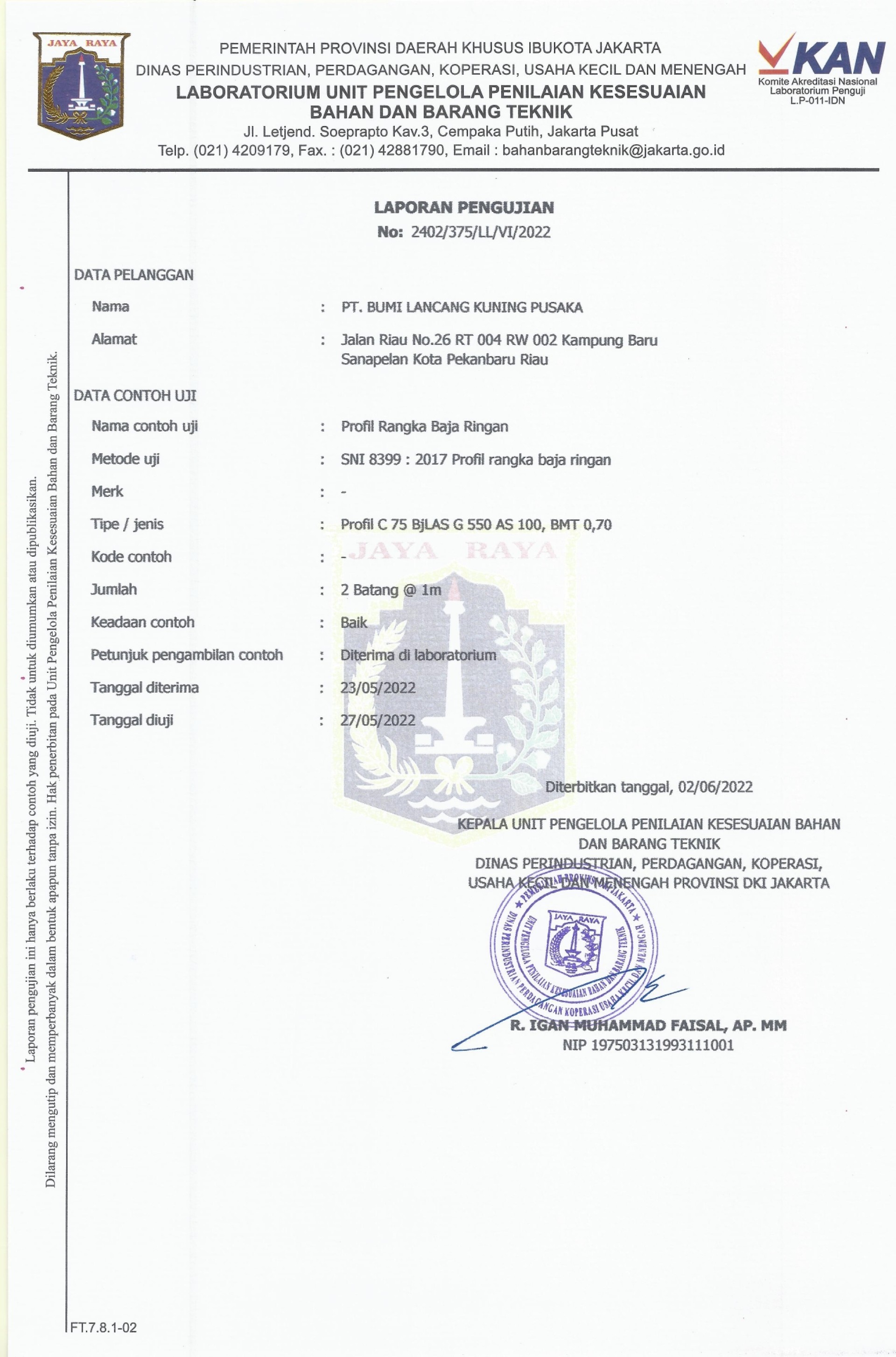 Uji Lab UPPKB2T - Truss Canal C75 BjLAS G550 AS 100, BMT 0,70 mm SNI 8399:2017