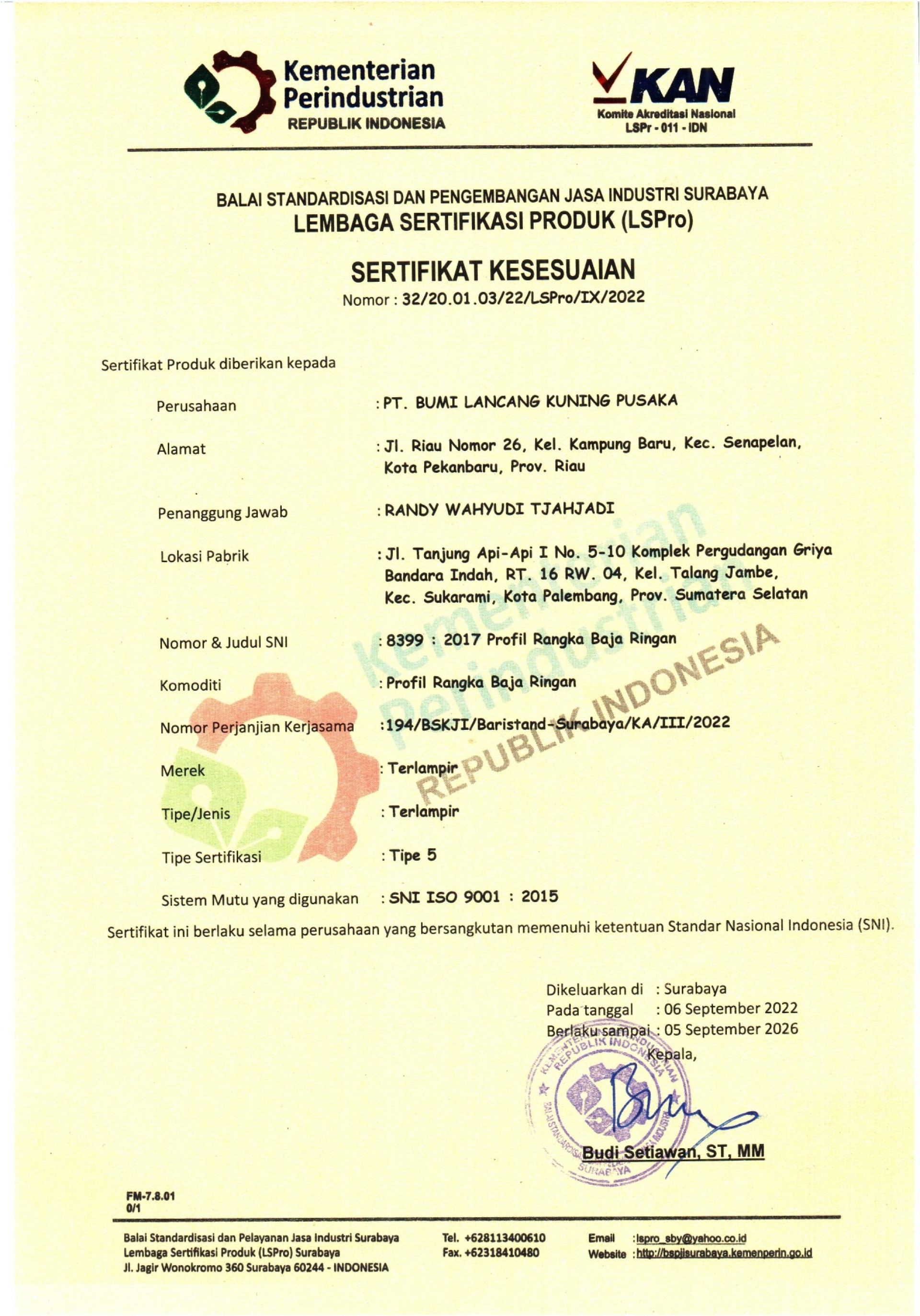 Sertifikasi Kesesuaian Profil Rangka Baja Ringan SNI 8399:2017 oleh Baristand