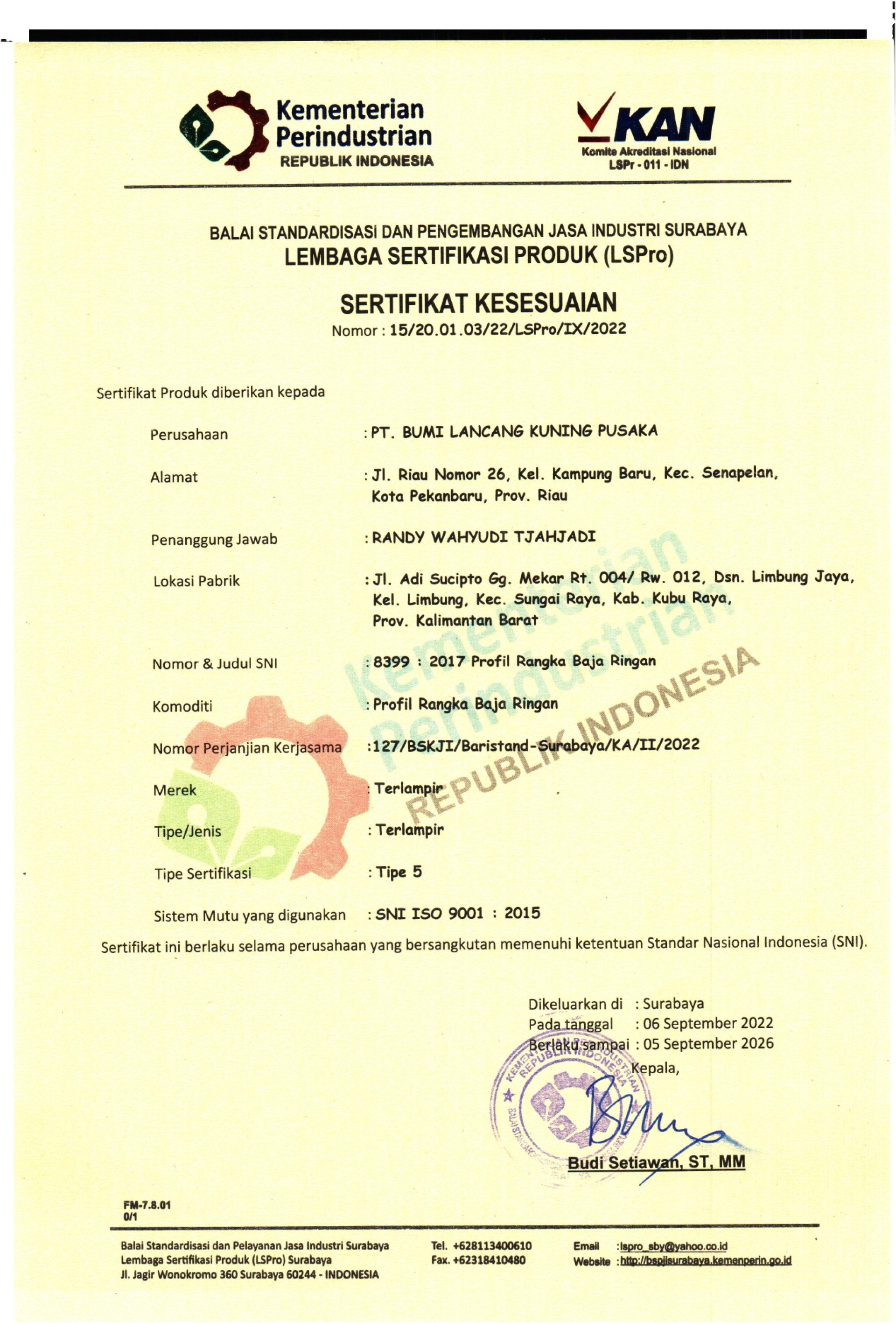 Sertifikasi Kesesuaian Profil Rangka Baja Ringan SNI 8399:2017 oleh Baristand