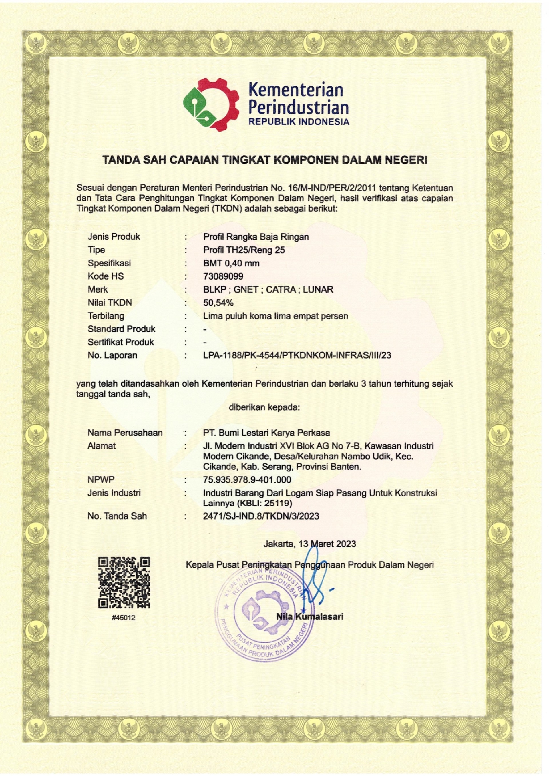 Sertifikasi TKDN untuk Profil Rangka Baja Ringan oleh Kementerian Perindustrian