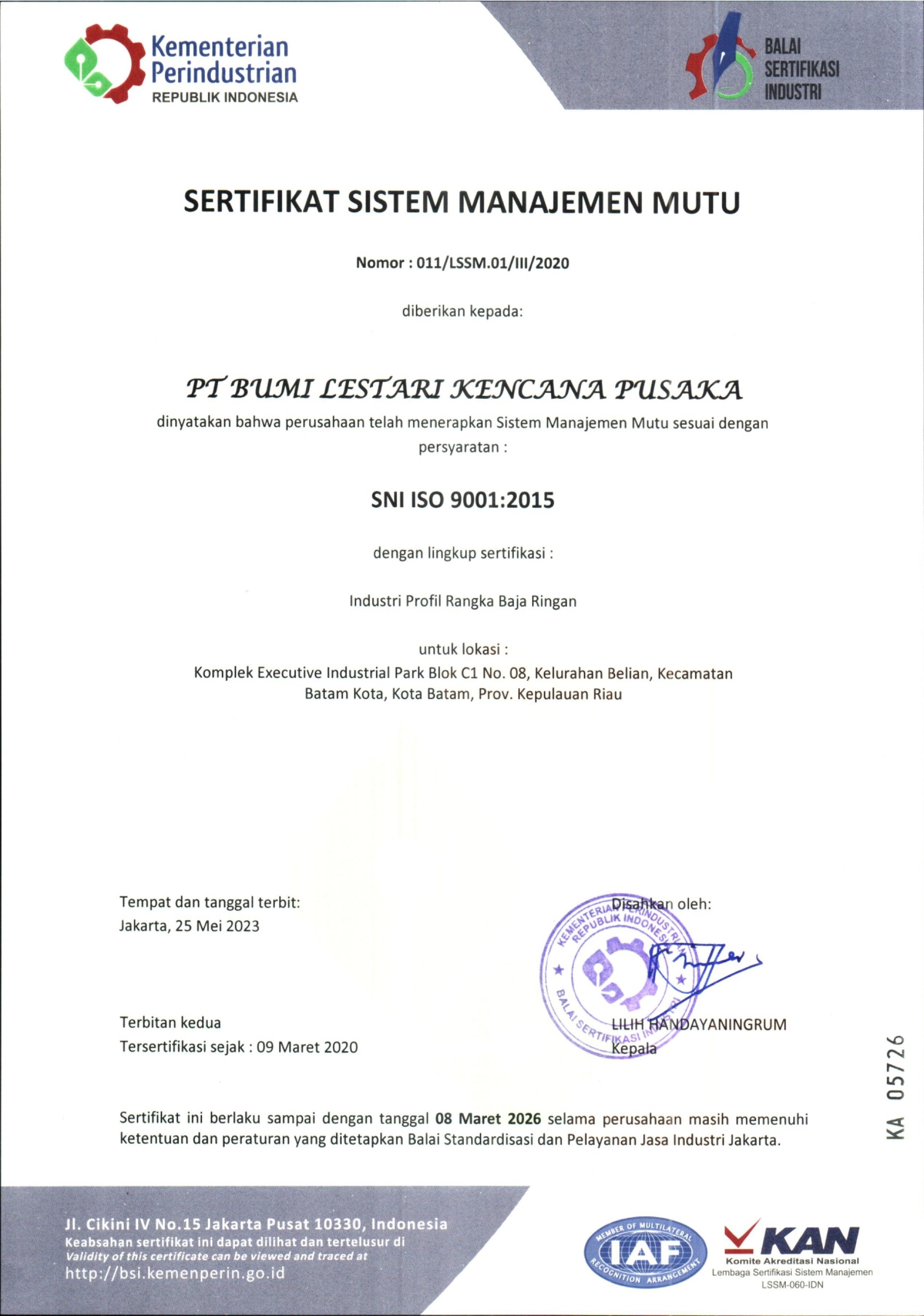 Sertifikasi Sistem Manajemen Mutu ISO 9001:2015 oleh BSI
