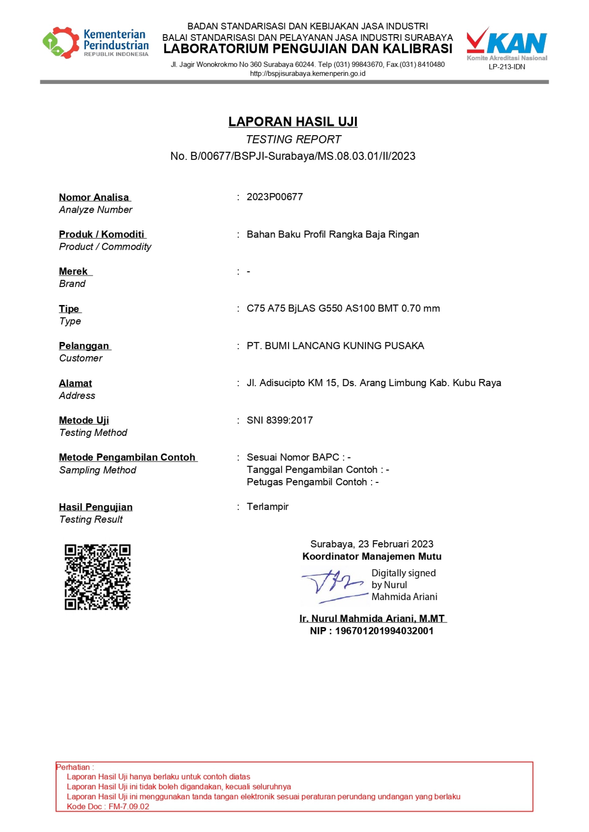 Uji Lab Baristand - Truss Canal C75 BjLAS G550 AS 100, BMT 0,70 mm C75 A75 SNI 8399:2017