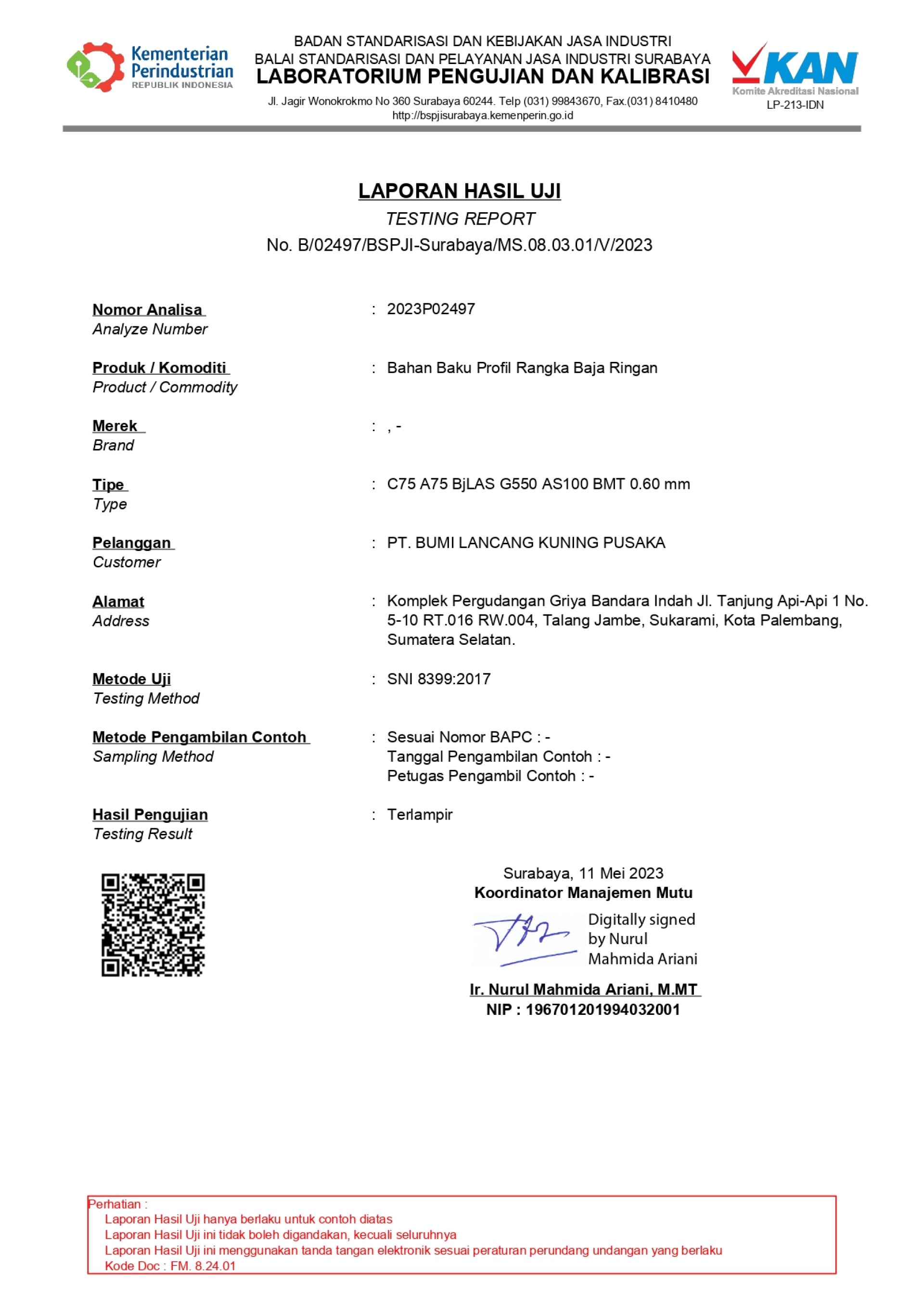 Uji Lab Baristand  - Truss Canal C75 A75 BjLAS G550 AS 100, BMT 0,60 mm SNI 8399:2017