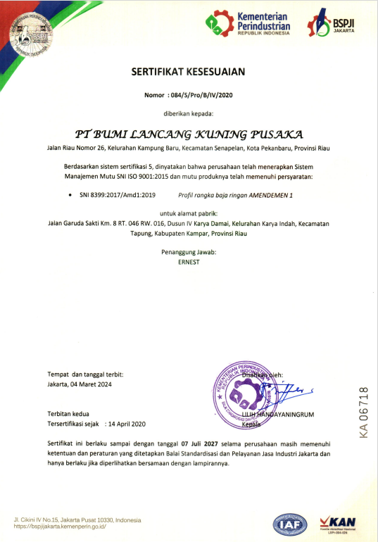 Profil Rangka Baja Ringan Amandemen 1 SNI 8399:2017/Amd:2019