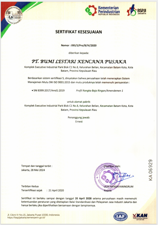 Sertifikasi Kesesuaian Profil Rangka Baja Ringan SNI 8399:2017/Amd1:2019