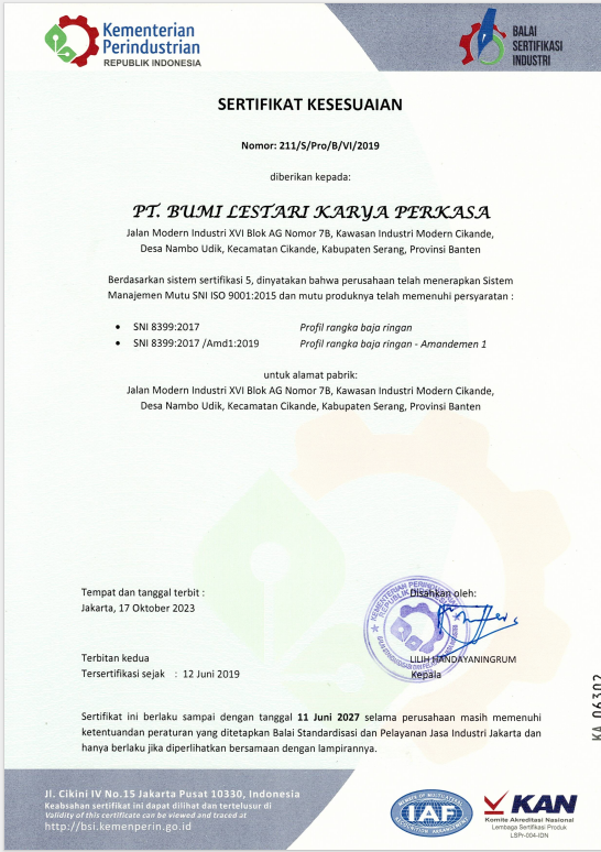 Sertifikasi Kesesuaian Profil Rangka Baja Ringan SNI 8399:2017/Amd1:2019